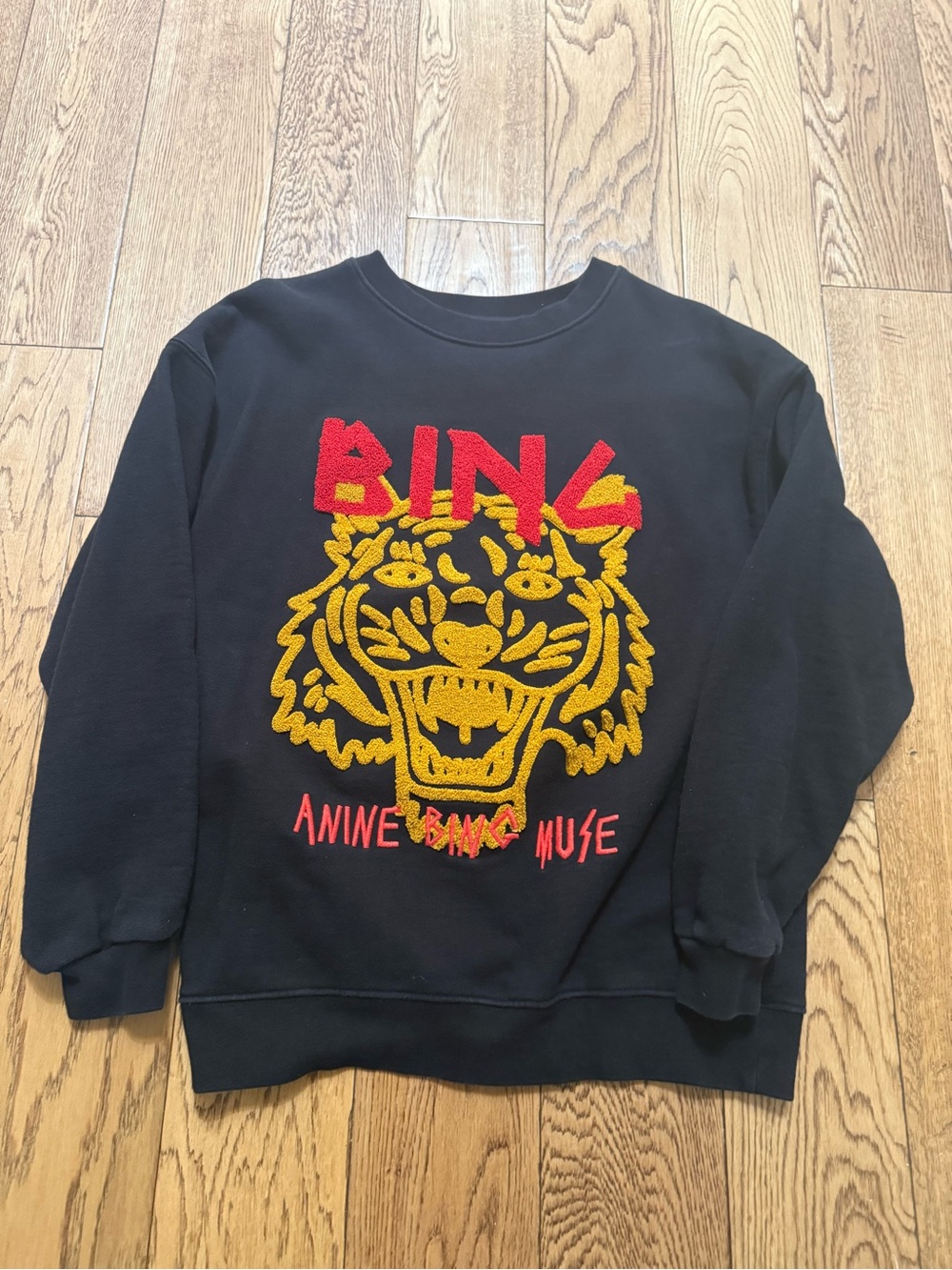 Anine Bing Black Crewneck Sweater with Red and Yellow Embroidered Tiger